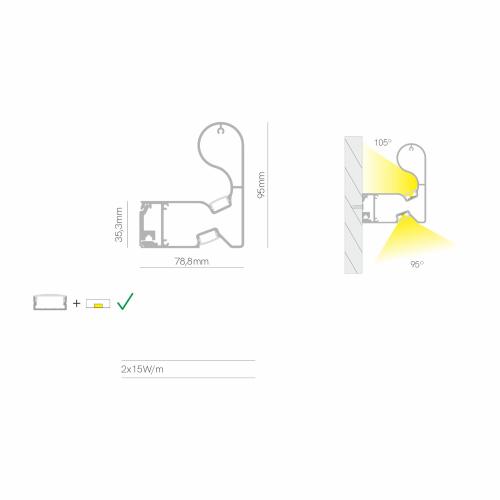 BOX-98 HANDLAUF Aufbau 2x15W/m 105° + 95° IP20 Aluminium
